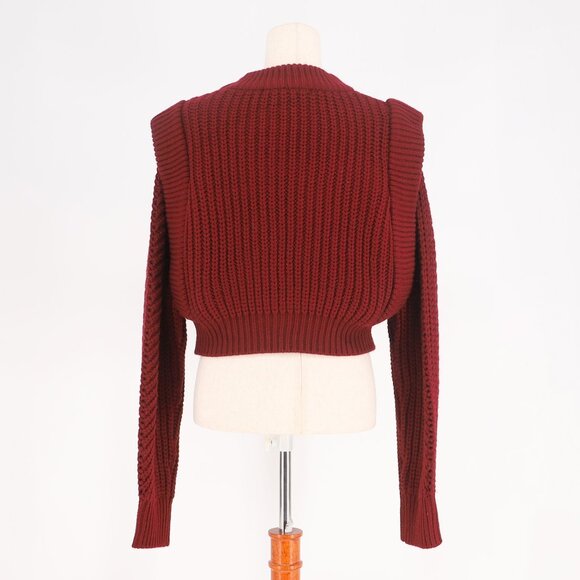 ENGLISH FACTORY Cable Knit Crop Sweater Wide Ribbed Shoulder Burgundy Size M - Picture 5 of 7